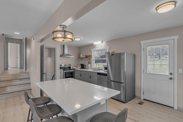kitchen featuring gray cabinetry, a kitchen bar, hanging light fixtures, stainless steel appliances, and wall chimney range hood