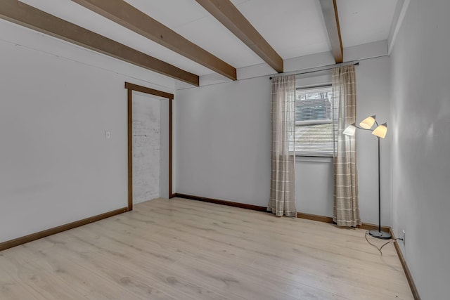 unfurnished room featuring beam ceiling and light hardwood / wood-style floors