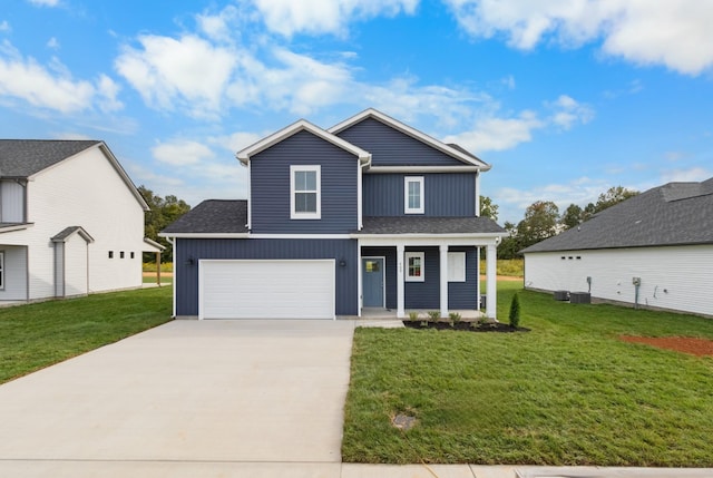 front facade featuring a garage, a front yard, and central air condition unit