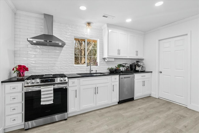 kitchen featuring appliances with stainless steel finishes, sink, white cabinets, crown molding, and wall chimney exhaust hood