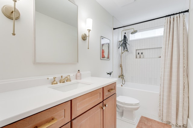 full bathroom featuring vanity, shower / bathtub combination with curtain, tile patterned floors, and toilet