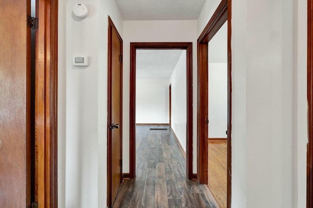 hallway with dark hardwood / wood-style flooring and a textured ceiling