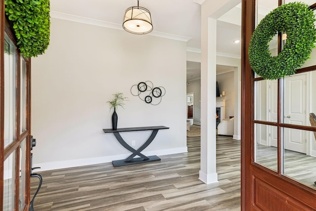 foyer entrance with crown molding and light hardwood / wood-style flooring