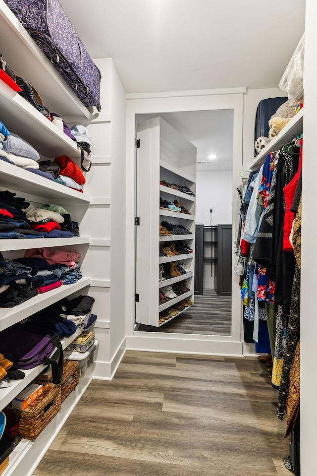 walk in closet with hardwood / wood-style floors