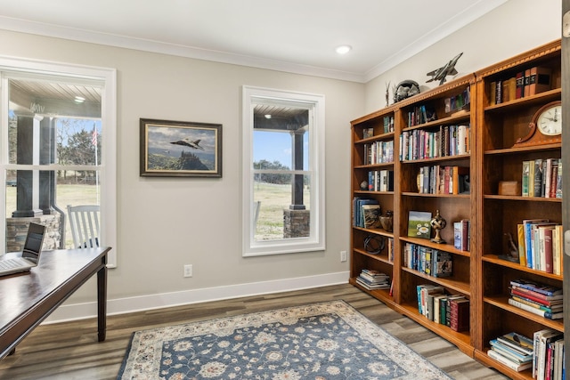 office with light hardwood / wood-style flooring and crown molding