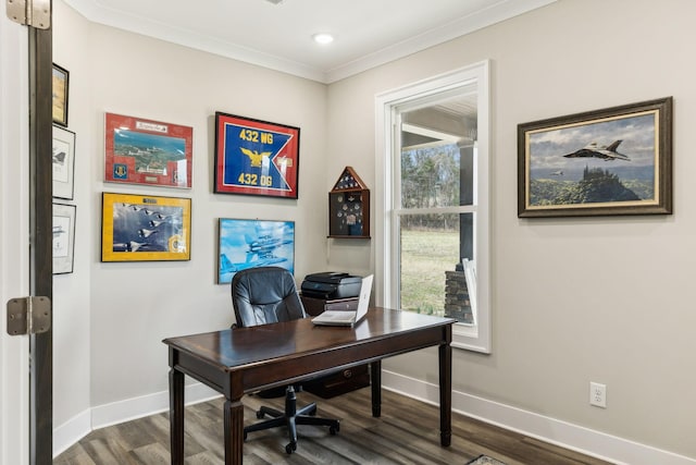 office space with dark hardwood / wood-style flooring and ornamental molding