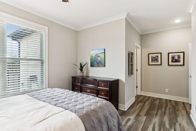 bedroom featuring multiple windows, dark wood-type flooring, and crown molding