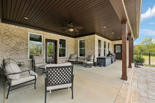 8760 Rocky Fork Rd, Smyrna, TN 37167 - view of patio with an outdoor living space, a ceiling fan, and fence