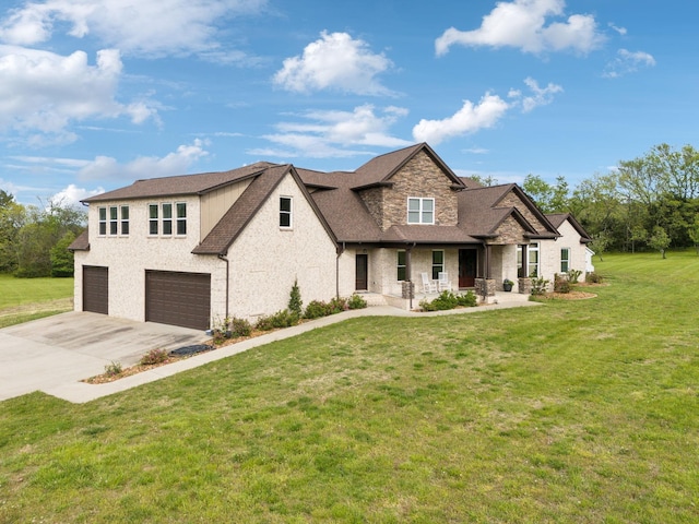 8760 Rocky Fork Rd, Smyrna, TN 37167 - view of front facade with driveway, a front lawn, an attached garage, a shingled roof, and stone siding
