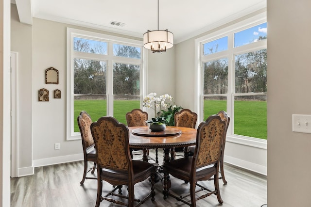 8760 Rocky Fork Rd, Smyrna, TN 37167 - dining area featuring visible vents, baseboards, crown molding, and a healthy amount of sunlight