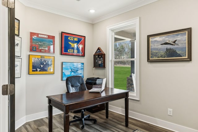 8760 Rocky Fork Rd, Smyrna, TN 37167 - home office with crown molding, baseboards, recessed lighting, and dark wood-style floors
