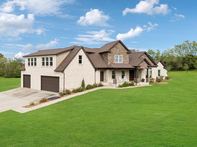 8760 Rocky Fork Rd, Smyrna, TN 37167 - modern farmhouse style home featuring a garage, a front yard, driveway, and stone siding