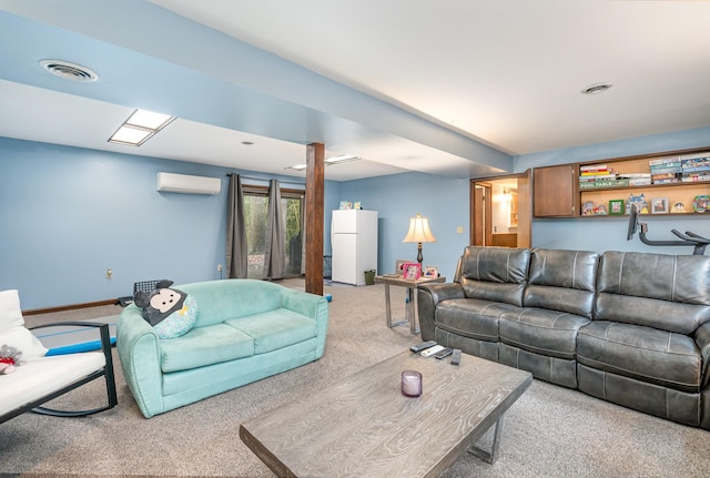 carpeted living room with a wall unit AC