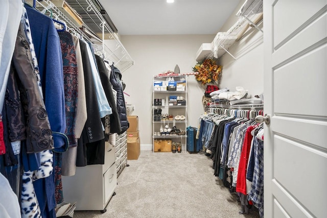 spacious closet featuring light colored carpet