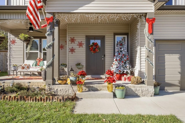 property entrance with a garage and a porch