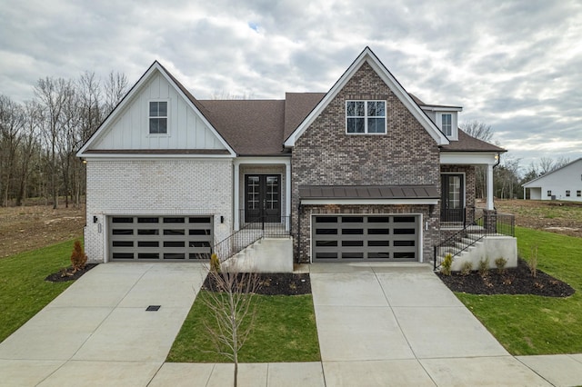 view of front of house featuring concrete driveway, a garage, brick siding, and a shingled roof