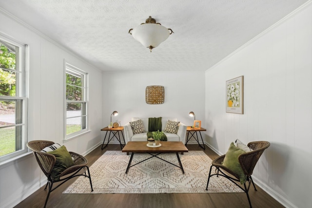 6992 Mill Creek Rd, Lyles, TN 37098 - living area featuring crown molding, a textured ceiling, baseboards, and wood finished floors