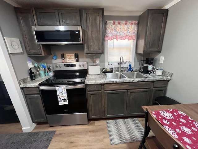 6992 Mill Creek Rd, Lyles, TN 37098 - kitchen with stainless steel appliances, dark brown cabinets, a sink, and light wood-style flooring