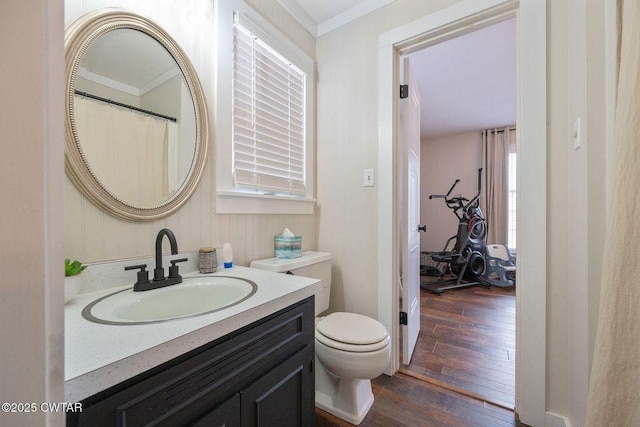 bathroom featuring vanity, toilet, and hardwood / wood-style floors