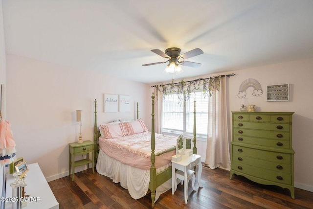 bedroom featuring dark wood-type flooring and ceiling fan