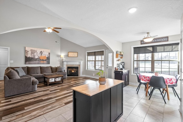 living room featuring ceiling fan, light hardwood / wood-style floors, high vaulted ceiling, and a textured ceiling