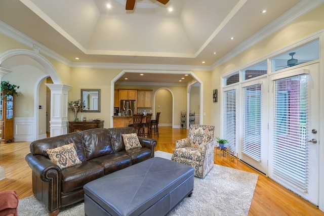 1416 Station Four Ln, Old Hickory, TN 37138 - living room with ceiling fan, ornamental molding, light hardwood / wood-style floors, and ornate columns