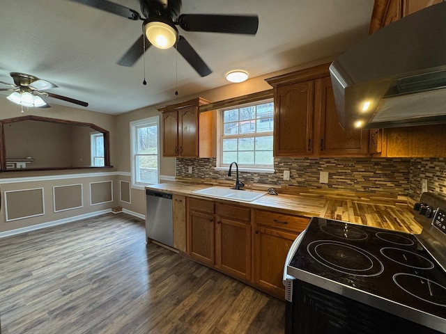 kitchen with sink, appliances with stainless steel finishes, ventilation hood, dark hardwood / wood-style flooring, and decorative backsplash