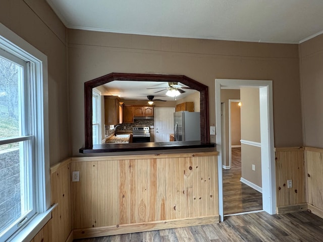 kitchen with dark hardwood / wood-style floors, tasteful backsplash, sink, kitchen peninsula, and stainless steel appliances