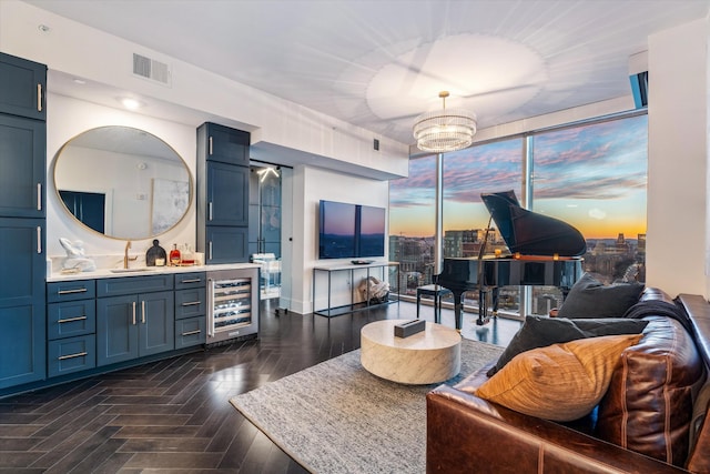 living room featuring beverage cooler and indoor wet bar