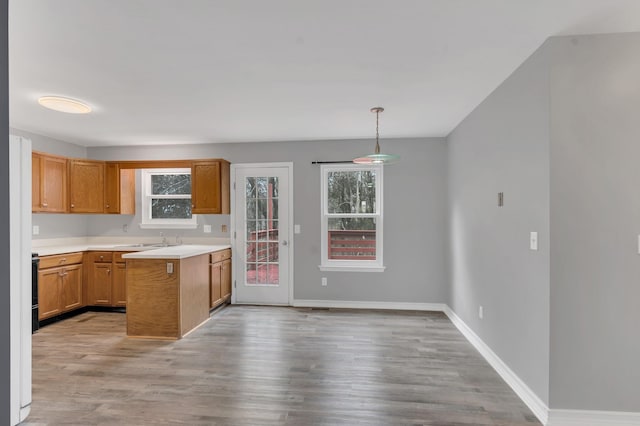 kitchen featuring plenty of natural light, sink, light hardwood / wood-style floors, and hanging light fixtures