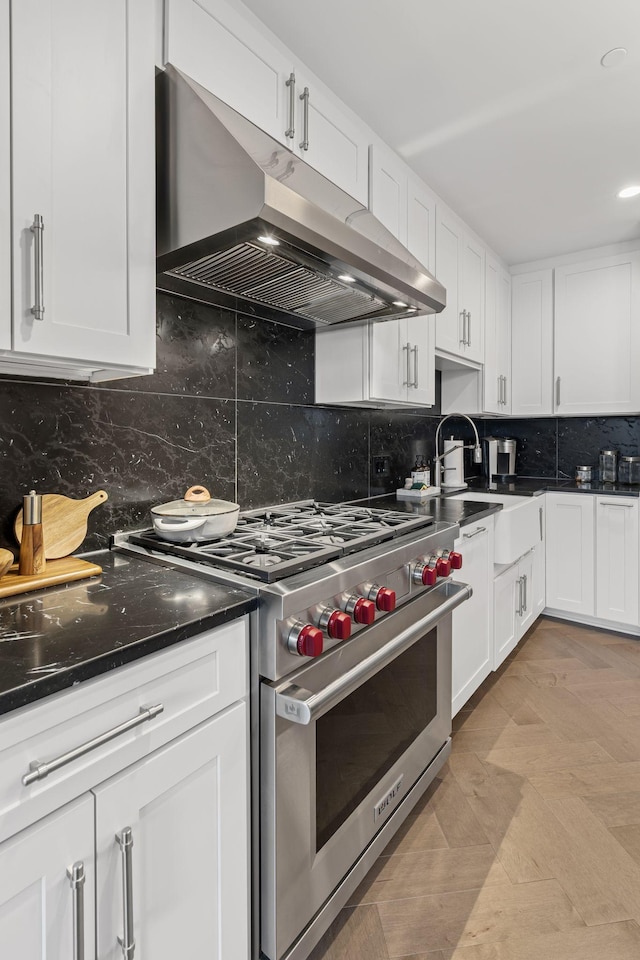 kitchen featuring premium stove, sink, decorative backsplash, and white cabinets