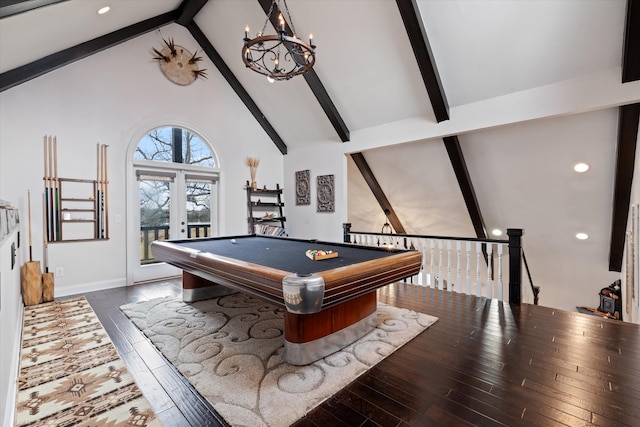 game room featuring high vaulted ceiling, french doors, beamed ceiling, and dark wood finished floors