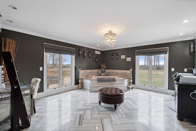 bedroom with recessed lighting, multiple windows, crown molding, and a notable chandelier