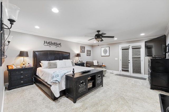 bedroom featuring access to exterior, recessed lighting, light colored carpet, and crown molding