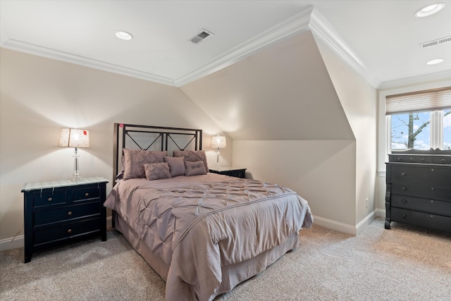 bedroom featuring visible vents, ornamental molding, baseboards, and light colored carpet