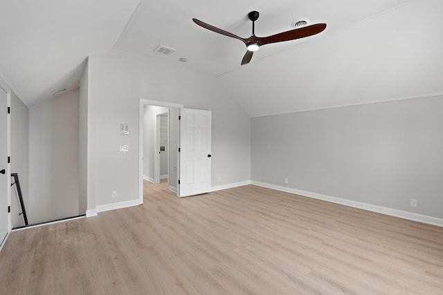 bonus room with light wood-type flooring, visible vents, ceiling fan, and lofted ceiling