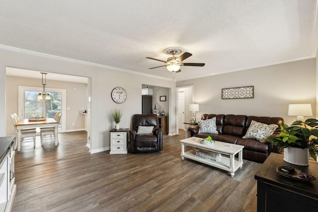 living room featuring dark wood-type flooring, a textured ceiling, and ornamental molding