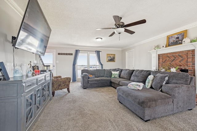 carpeted living room featuring ceiling fan, ornamental molding, and a textured ceiling