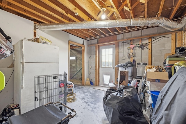 basement with white fridge