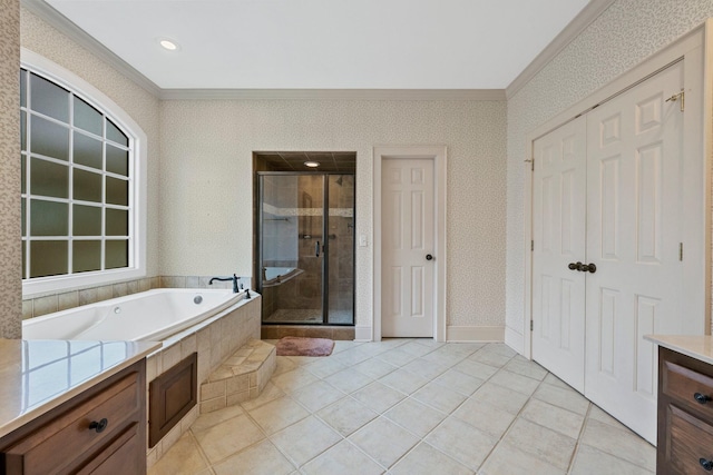 bathroom featuring crown molding, shower with separate bathtub, and tile patterned flooring