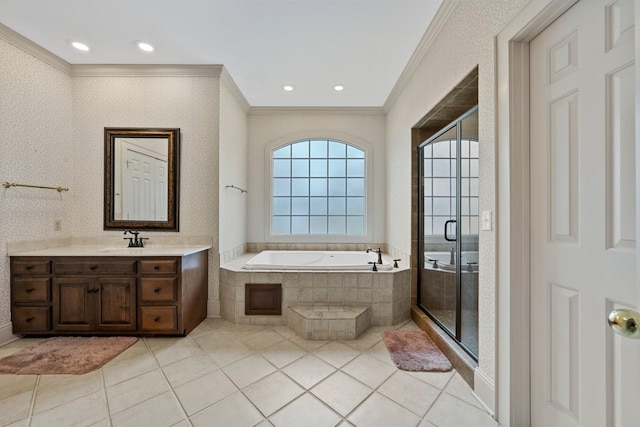 bathroom with shower with separate bathtub, tile patterned floors, crown molding, and vanity