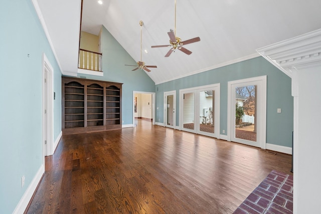 unfurnished living room with ceiling fan, ornamental molding, dark hardwood / wood-style floors, and high vaulted ceiling