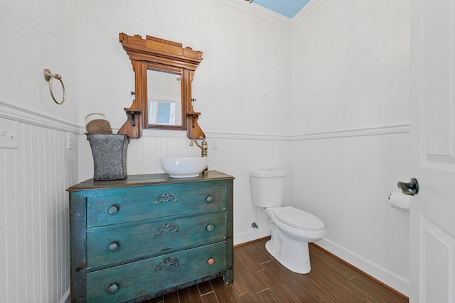 bathroom featuring vanity, toilet, and hardwood / wood-style floors