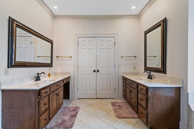 bathroom with vanity, tile patterned floors, and crown molding