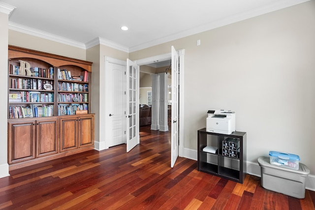 interior space with french doors, ornamental molding, and dark hardwood / wood-style floors