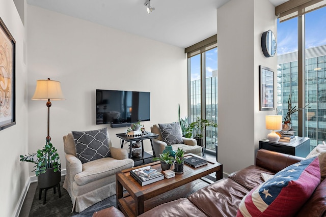 living room with a wall of windows and rail lighting