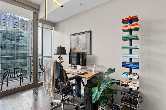 office area featuring expansive windows and wood-type flooring