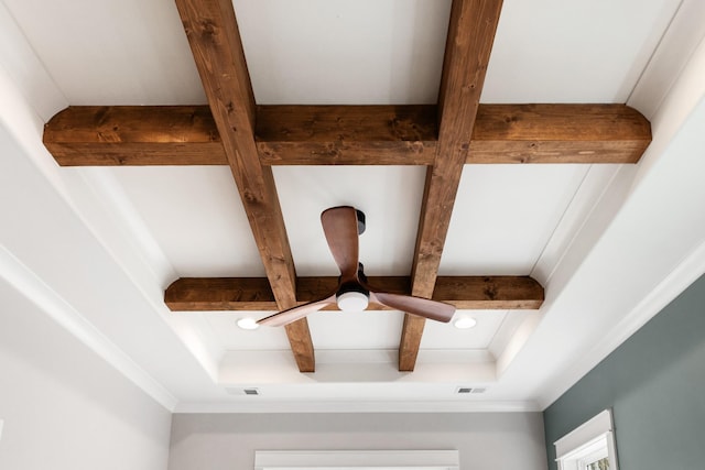 details featuring coffered ceiling, recessed lighting, visible vents, and beamed ceiling