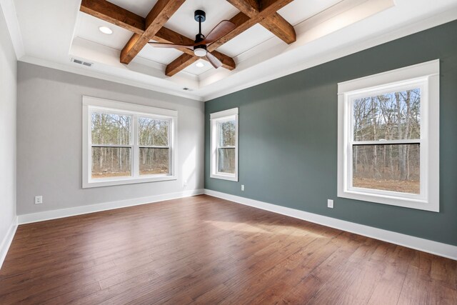 unfurnished room with dark wood-type flooring, coffered ceiling, visible vents, and baseboards