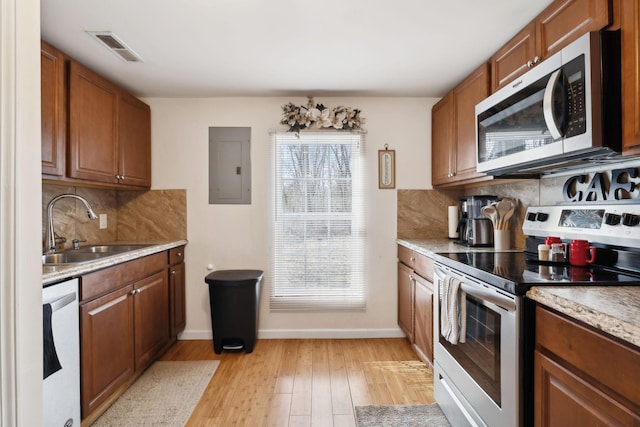 kitchen featuring a sink, visible vents, appliances with stainless steel finishes, light wood-type flooring, and electric panel